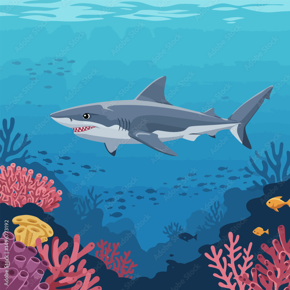 Obraz premium Shark Swimming Above Coral Reef Cartoon Illustration in Ocean