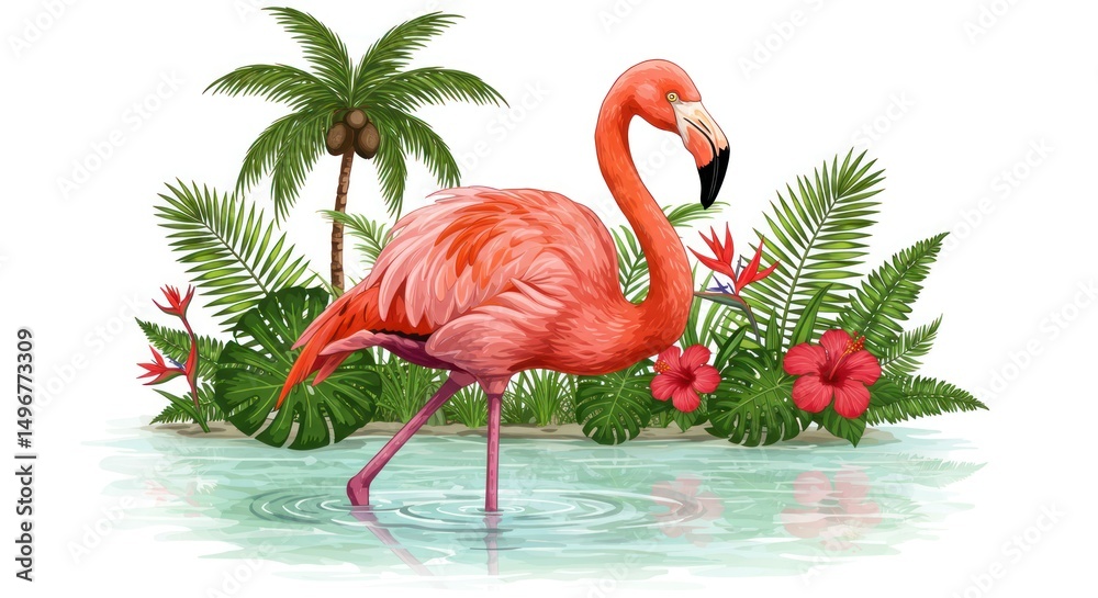 Fototapeta premium Elegant flamingo in tropical paradise, watercolor illustration