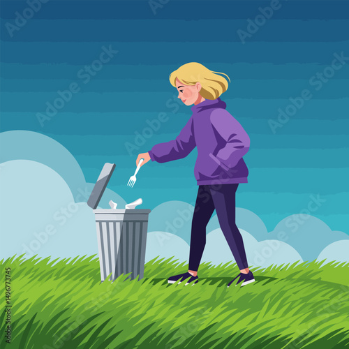 Woman Disposing Fork Into Trash Can in Grassy Outdoor Setting