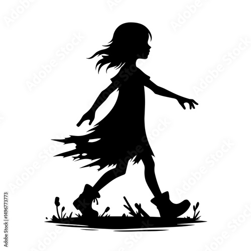 Girl walking in tattered dress on Halloween night