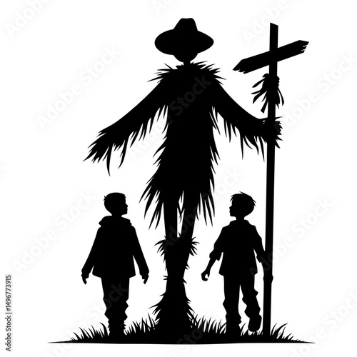 Children standing with scarecrow in Halloween field