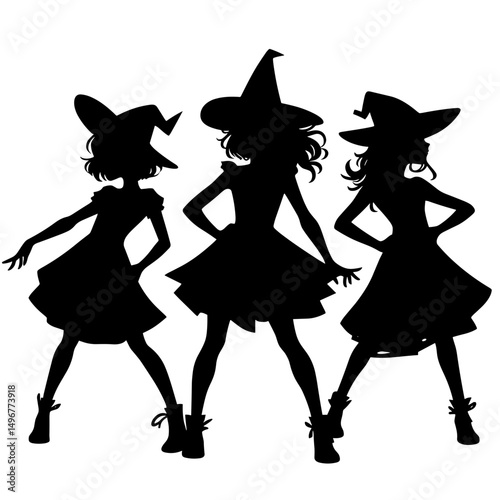Three witches in Halloween costumes in silhouette style