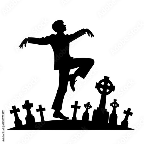 Dancing zombie among gravestones in Halloween cemetery