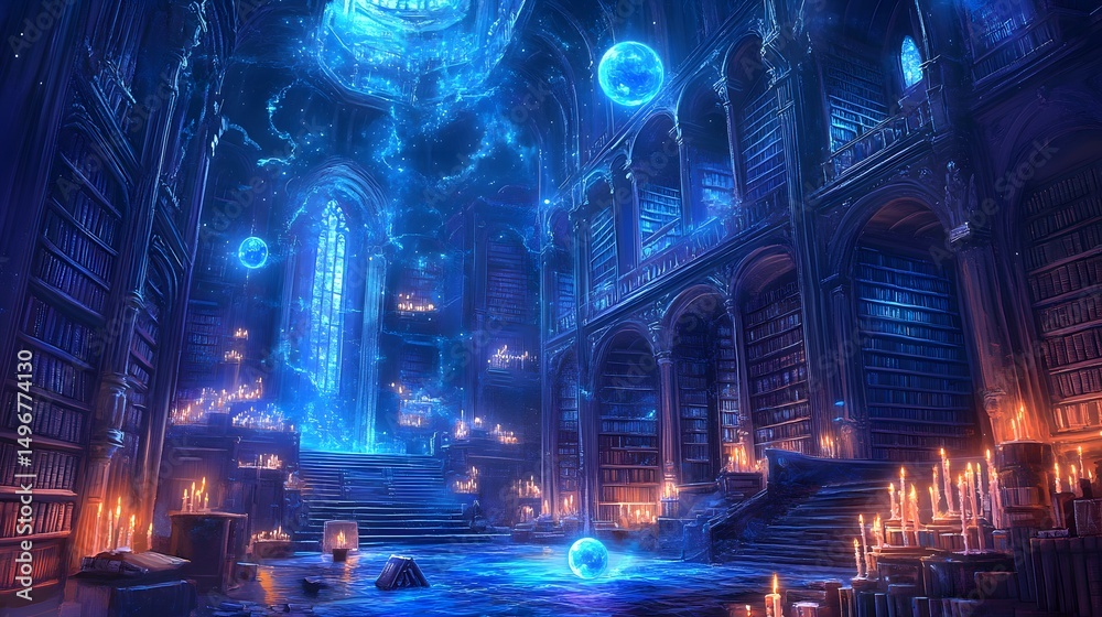 Fototapeta premium Vast magical library with floating books glowing orbs and ancient tomes lit by candles and enchanted chandeliers richly detailed fantasy
