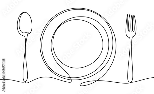 Simple continuous line drawing of a plate spoon and fork