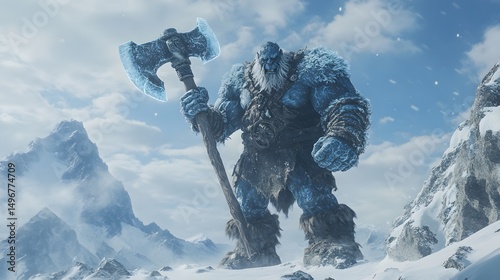 Massive frost giant with frost armor and icicles, standing over snowy peaks carrying a giant axe in a harsh winter landscape