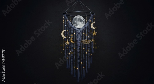 Intricate macrame wall hanging depicting celestial bodies. photo