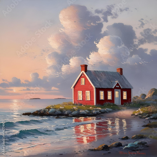A painting depicting a red house by the ocean shore, with waves gently lapping at the sandy beach.