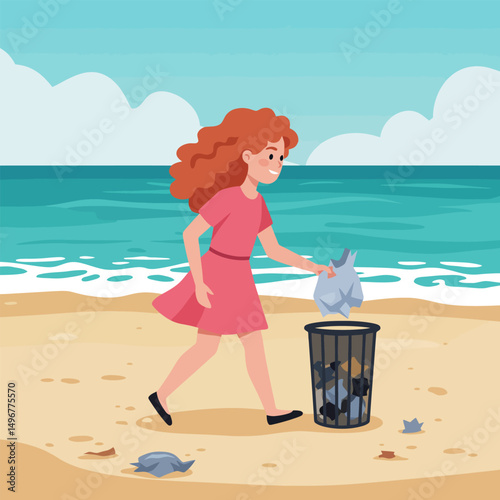 Woman Picking Up Trash on Sandy Beach Near Ocean Waves