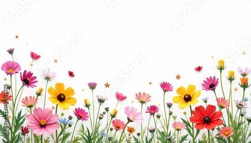 Delicate, scattered wildflowers on white background, leaves, plant