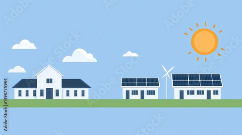 Illustration of houses with solar panels, a wind turbine, and the sun, representing renewable energy and sustainable living.