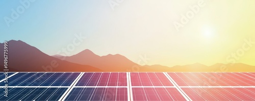 Solar panels absorbing sunlight with a mountain landscape in the background during sunrise or sunset.