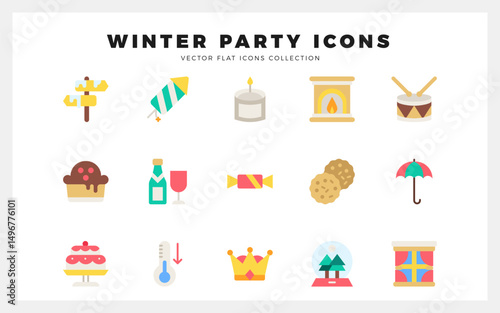 15 Winter Party Flat icons pack. vector illustration.