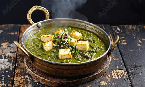 A vibrant bowl of palak paneer garnished with microgreens, steaming on a rustic wooden table