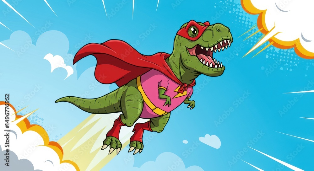 Obraz premium Superhero dinosaur soaring through the sky with explosion and clouds