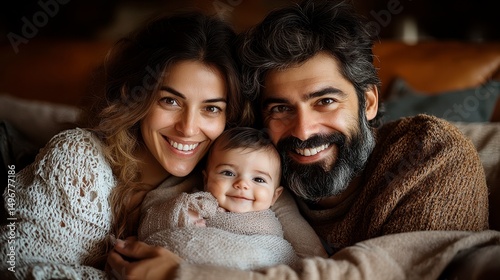 Smiling family portrait of parents holding a happy baby wrapped in a soft blanket at home