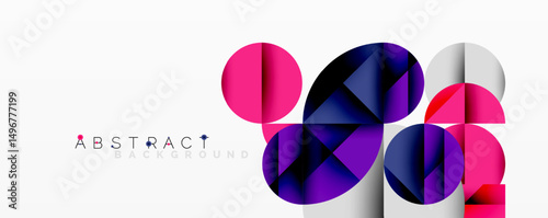 Modern abstract design features overlapping circles, vibrant purple, pink hues. Clean white background creates striking visual impact.