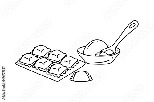 Cartoon Ravioli With Cream Sauce And Spoon Black And White Illustration