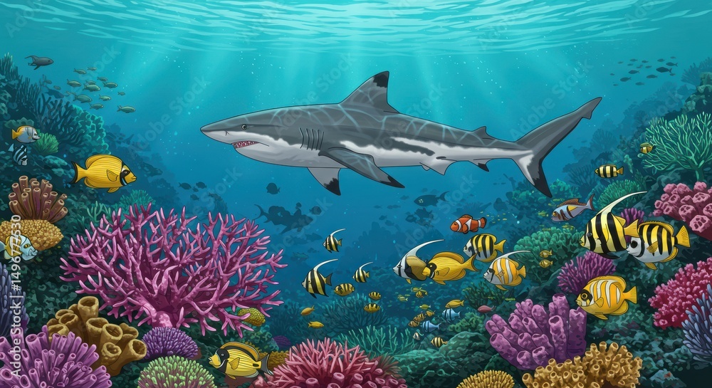 Fototapeta premium Colorful coral reef with shark and fish, underwater marine life scene