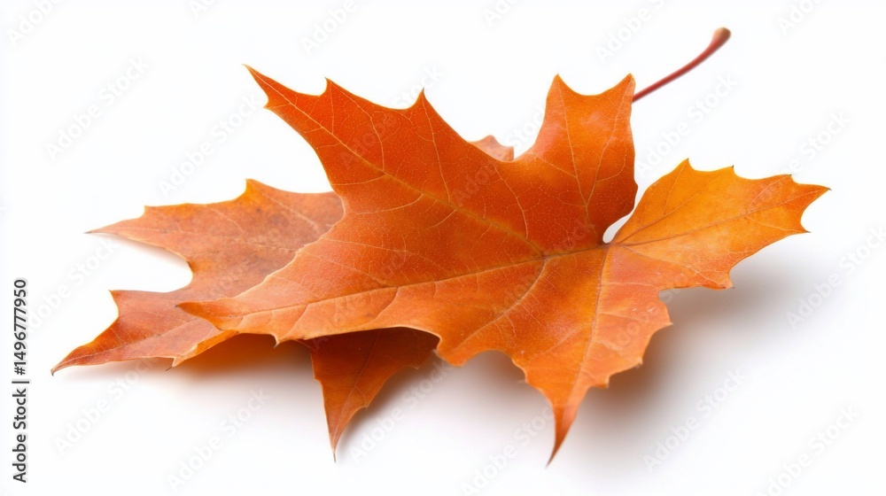 Fototapeta premium Two vibrant orange autumn maple leaves on white backdrop, casting a shadow