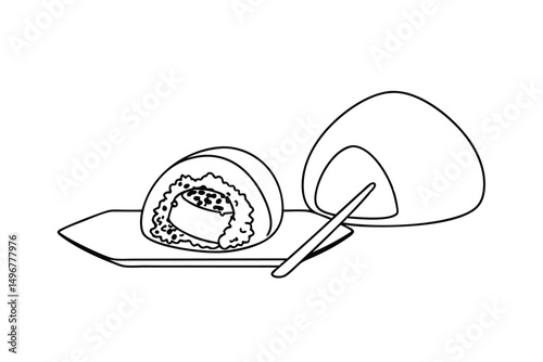 Elegant Mochi Dessert Line Art With Bamboo Skewer On Small Dish