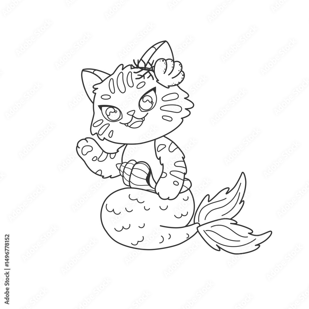 Obraz premium Preschool coloring page with beautiful mermaid cat. Kawaii mermaid kitten for coloring book. Fantastic sea character line art