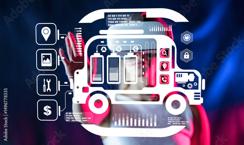 Futuristic Concept of Smart Truck Technology with Interface Elements and Digital Data Visualization for Logistics and Transportation Solutions