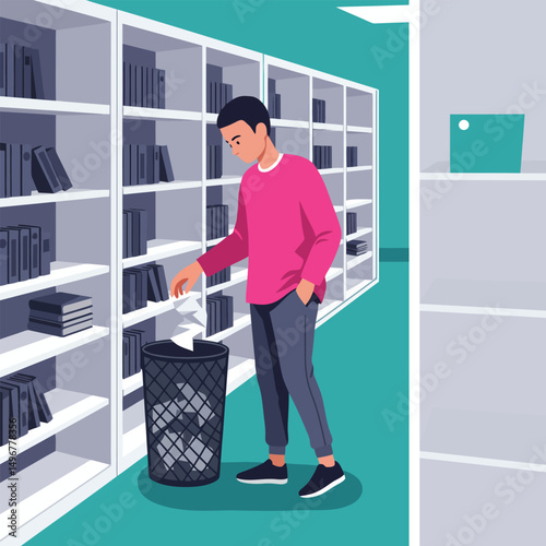 Person Discarding Paper in a Trash Bin Near Library Shelves