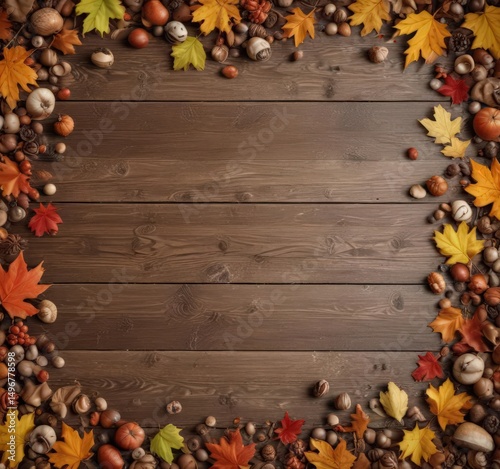 Rustic wooden background with scattered autumn leaves and acorns ,  banner,  Thanksgiving,  template