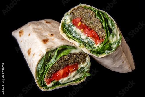 Delicious falafel wrap on black background