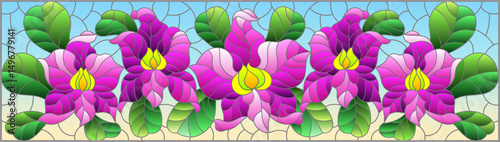 An illustration in the style of a stained glass window with orchid flowers on a blue sky background
