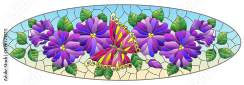 An illustration in stained glass style with abstract curly purple flowers and pink butterfly on blue background , horizontal image