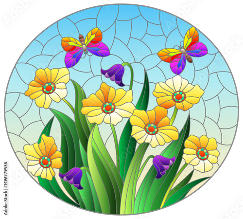 A stained glass illustration with a bouquet of flowers and ......butterflies, composition on a blue background