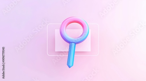 3D magnifying glass icon with pastel colors on a pink background, symbolizing search or zoom.