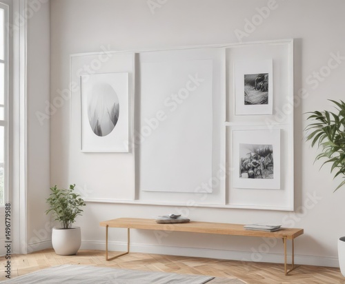Stylish photo frame display mockup  Clean white wall, assorted frame styles ,  picture frame,  mockup