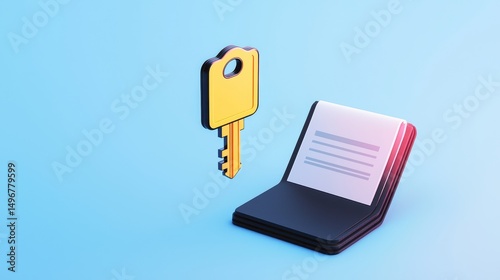 A yellow key and an open passport illustrated on a light blue background, symbolizing travel, access, and security.