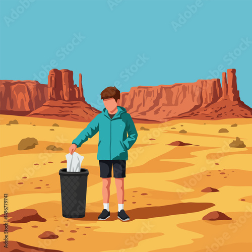 Person Throwing Trash in Bin in Desert Landscape Vector Art