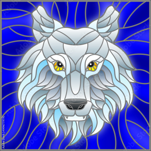 The illustration in stained glass style painting with a white polar wolf head , on blue  background, square image