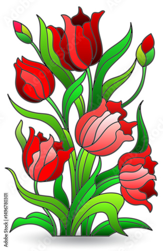 A stained glass illustration with compositions of tulips, flowers isolated on a white background