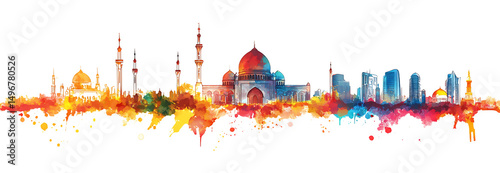 Vibrant watercolor cityscape mosque skyline isolated on a white background