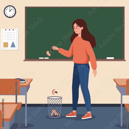 Teacher Throwing Trash in Classroom Dustbin During Lesson Illustration