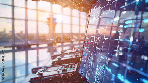 Close-up of air traffic control radar screen with glowing flight paths and control tower windows , aviation monitoring technology concept with real-time data visualization and flight safety systems.