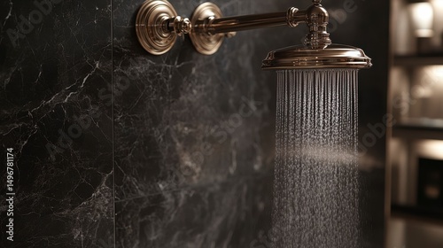 Golden shower head releasing water against a dark marble wall