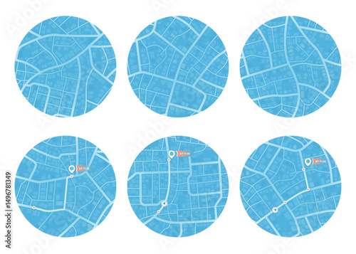 Set of Gps map navigation. View from above road map. Detailed view of city. Abstract background. Flat style, Vector, illustration isolated