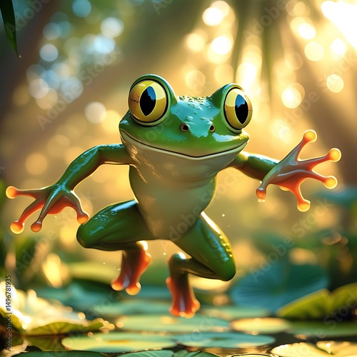 A cartoon frog with big eyes jumping over lily pads in a bright and sunny environment outdoors