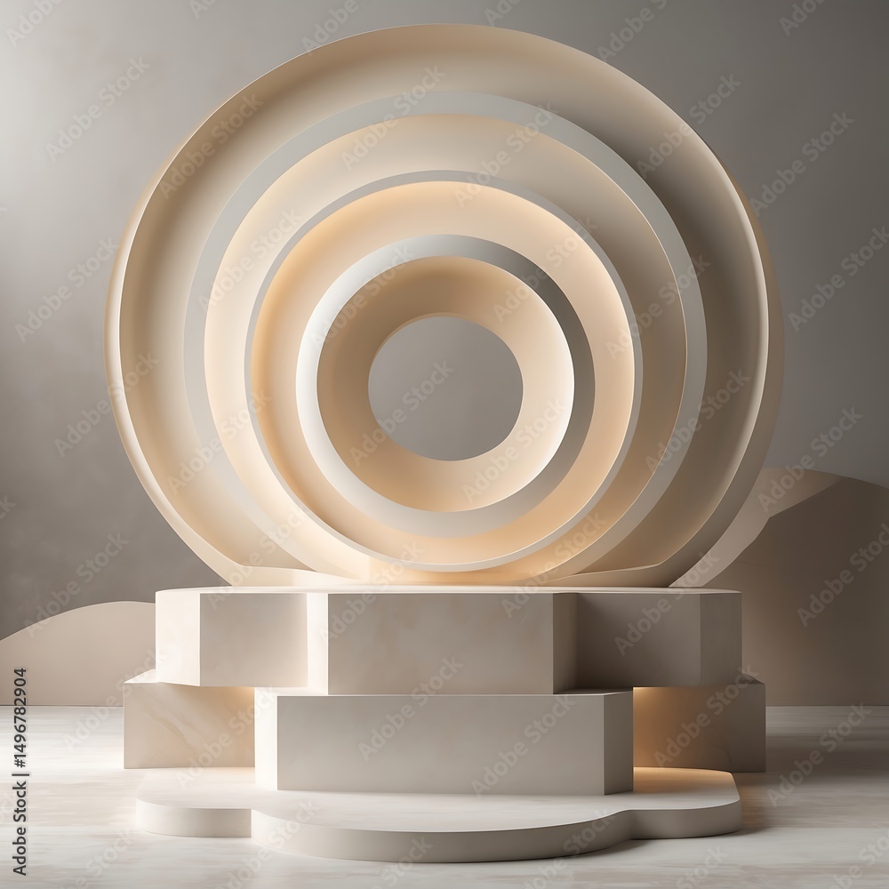 Fototapeta premium Abstract presentation with concentric circles and geometric platform in neutral color scheme