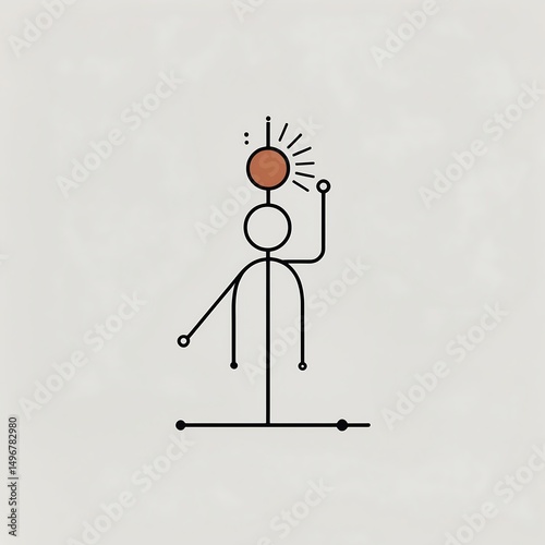 Abstract stick figure with sun above head and one arm raised on a light beige background