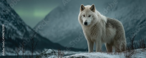 Arctic wolf standing, snowy mountains, aurora