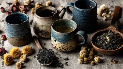Artisanal teacups, loose leaf tea, herbs, linen