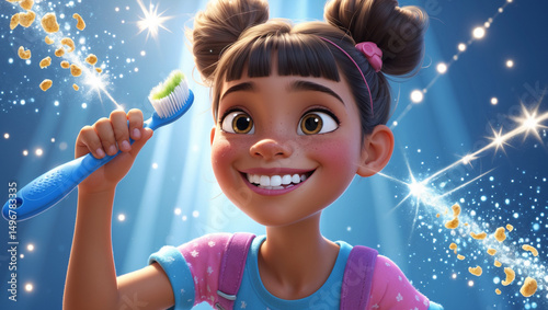 Cartoon girl smiling while holding a toothbrush with sparkles and a blue background in close up shot